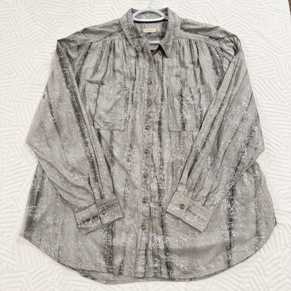 Pilcro Anthropologie Metallic Silver Foil Button Down Shirt Grey Rayon Large - Picture 2 of 10